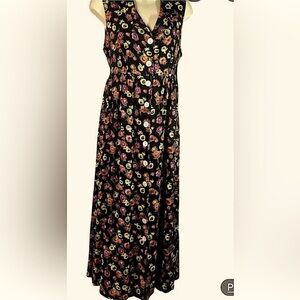 Robbie Bee 90’s Black Maxi Purple & Green Floral Designed Grandma-core Dress